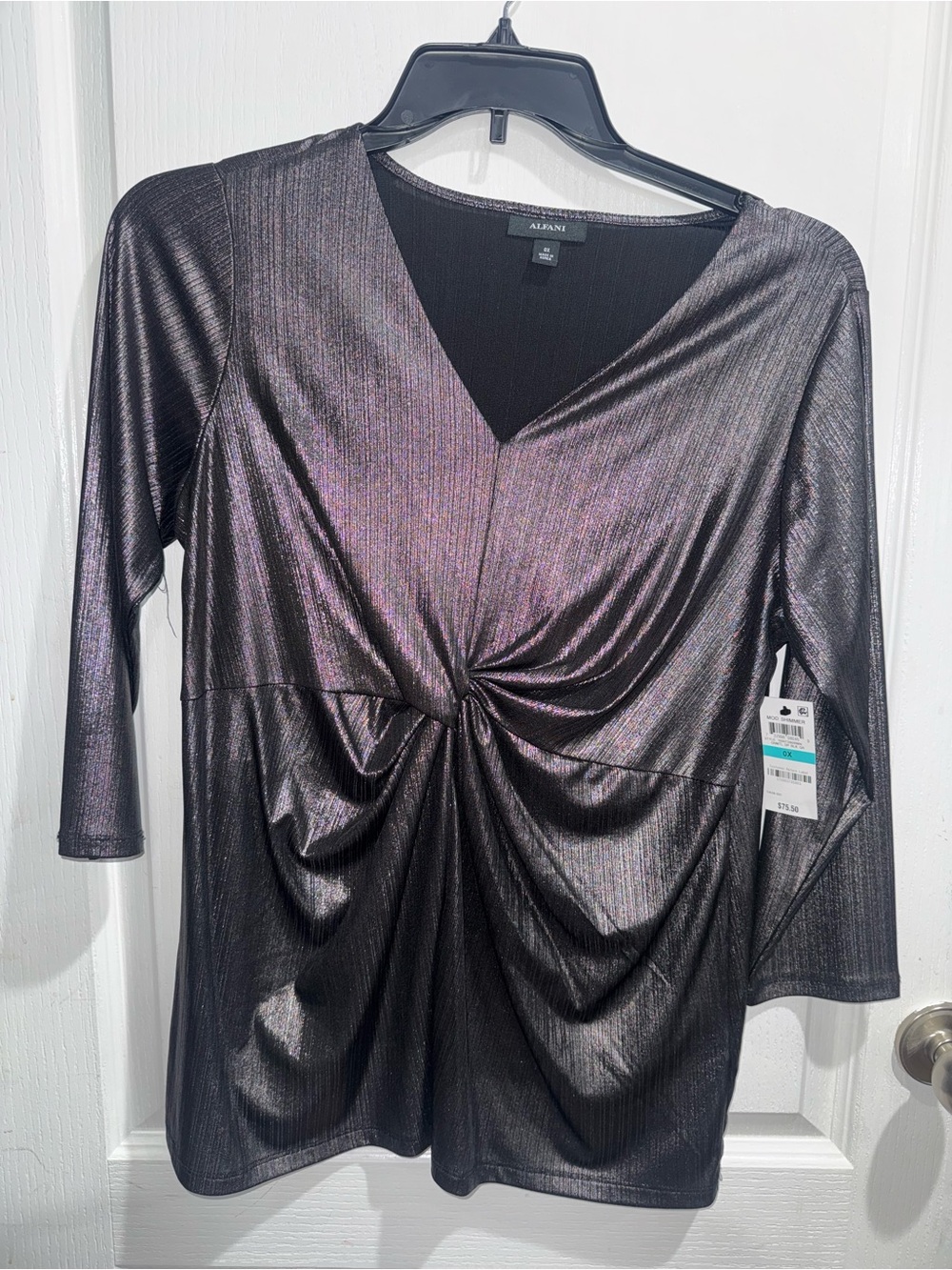 Alfani Iridescent Black Twist-Front V-Neck Long Sleeve Top